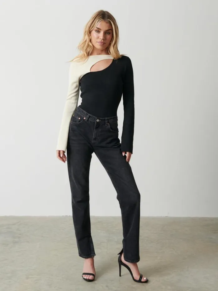 Pretty Lavish Knitwear Women Brogan Contrast Knit Top Black And Cream