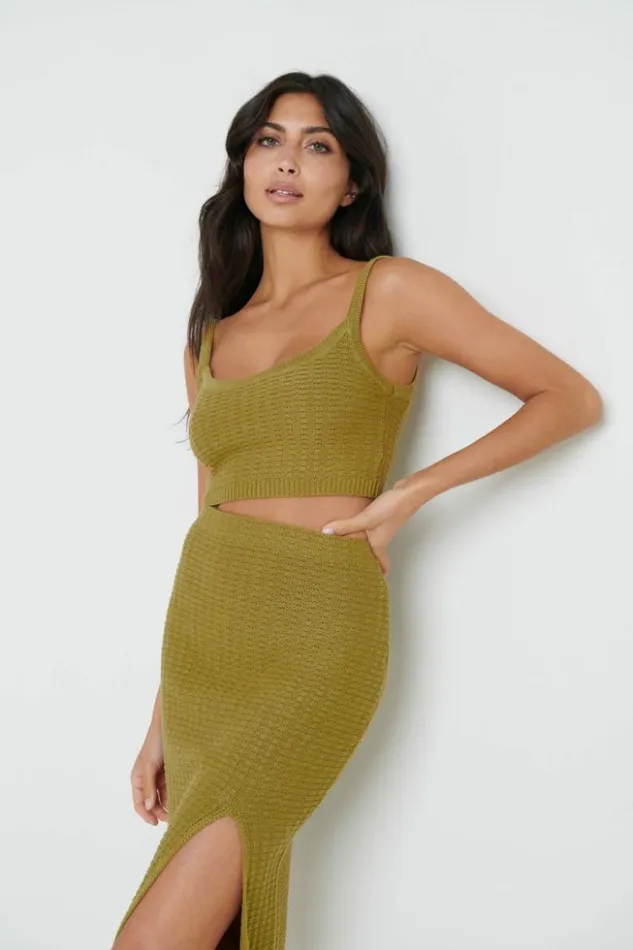 Pretty Lavish Knitwear Women Celine Crochet Knit Cami Top Olive