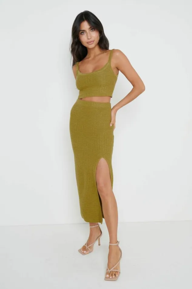 Pretty Lavish Knitwear Women Celine Crochet Knit Cami Top Olive
