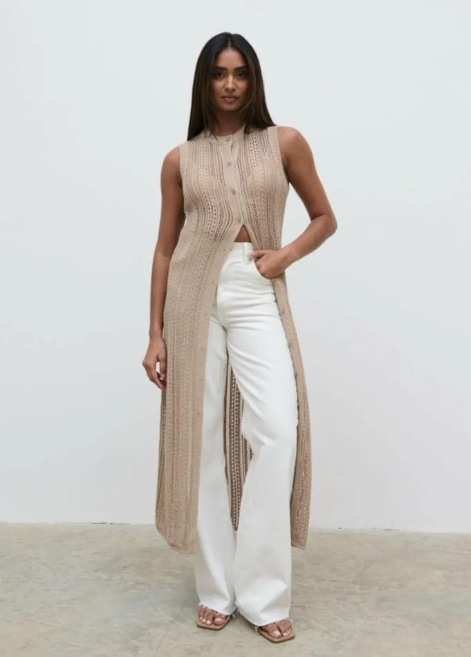 Pretty Lavish Knitwear Women Helen Longline Open Knit Cardigan Beige