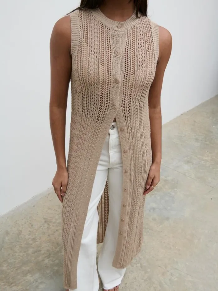 Pretty Lavish Knitwear Women Helen Longline Open Knit Cardigan Beige