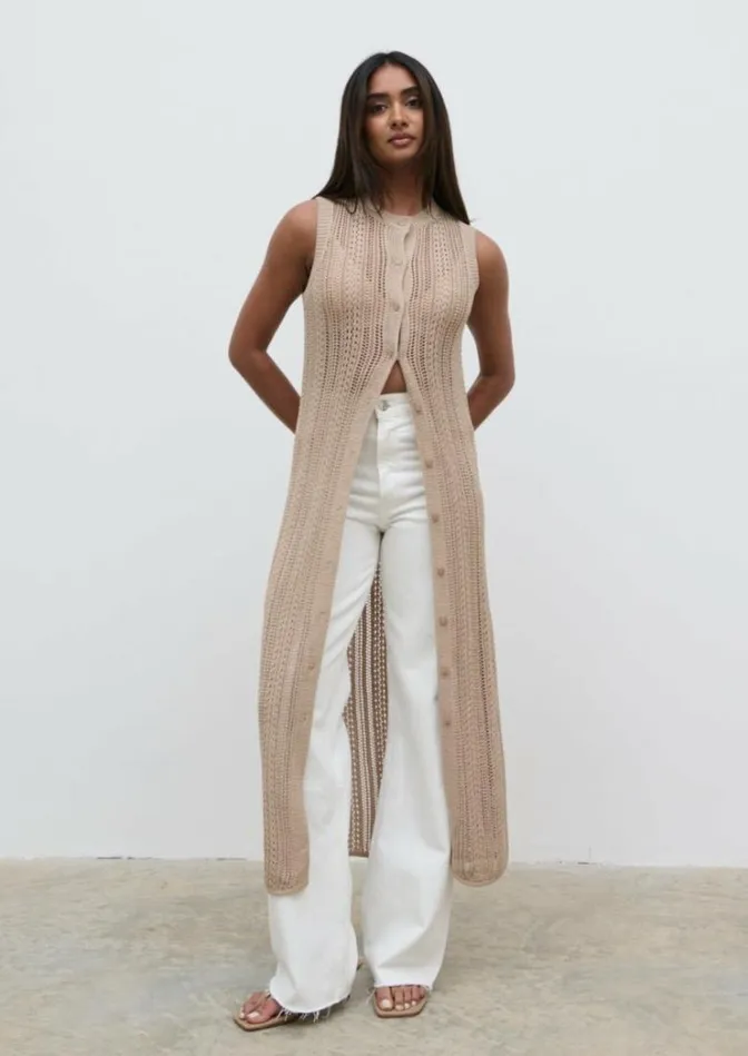 Pretty Lavish Knitwear Women Helen Longline Open Knit Cardigan Beige