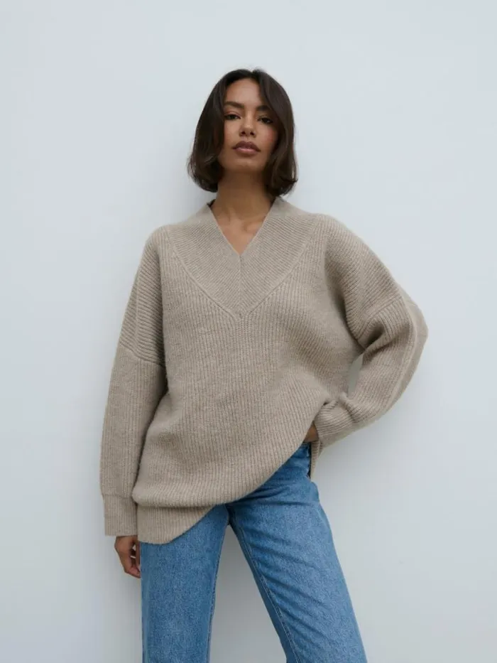 Pretty Lavish Knitwear Women Jovie Oversized Rib Knit Jumper Beige