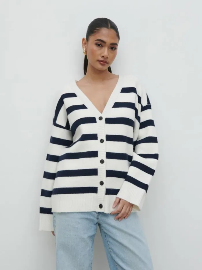 Pretty Lavish Knitwear Women Makai Oversized Cardigan Cream And Navy Stripe