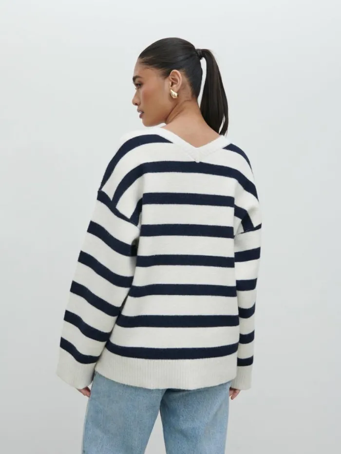 Pretty Lavish Knitwear Women Makai Oversized Cardigan Cream And Navy Stripe