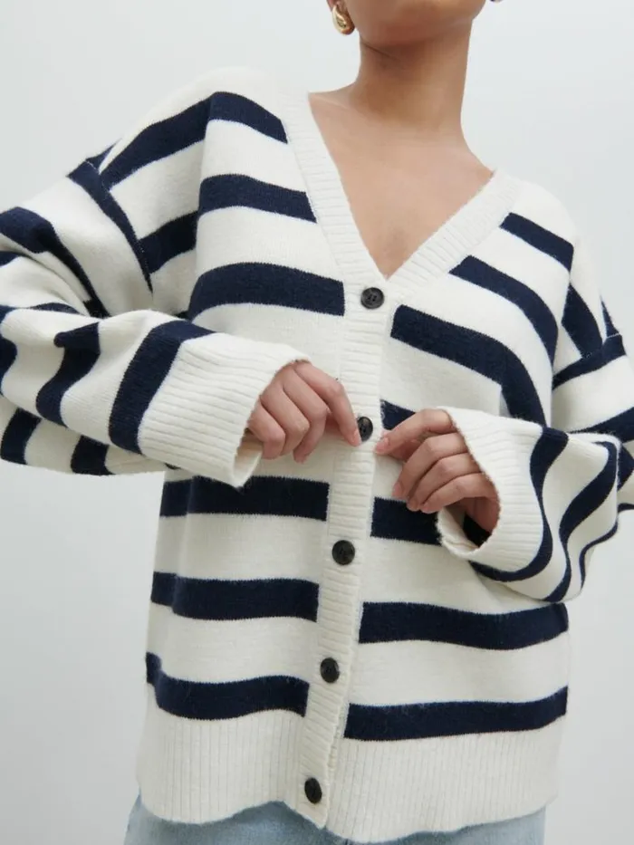 Pretty Lavish Knitwear Women Makai Oversized Cardigan Cream And Navy Stripe