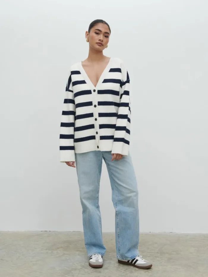 Pretty Lavish Knitwear Women Makai Oversized Cardigan Cream And Navy Stripe