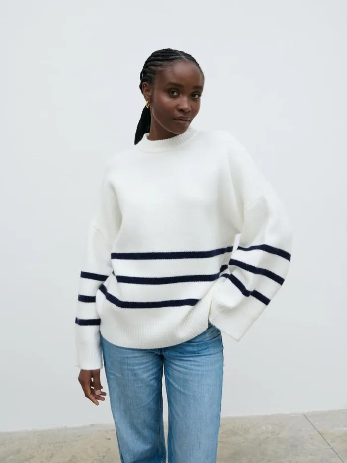 Pretty Lavish Knitwear Women Miller Stripe Knit Jumper Cream And Navy Stripe