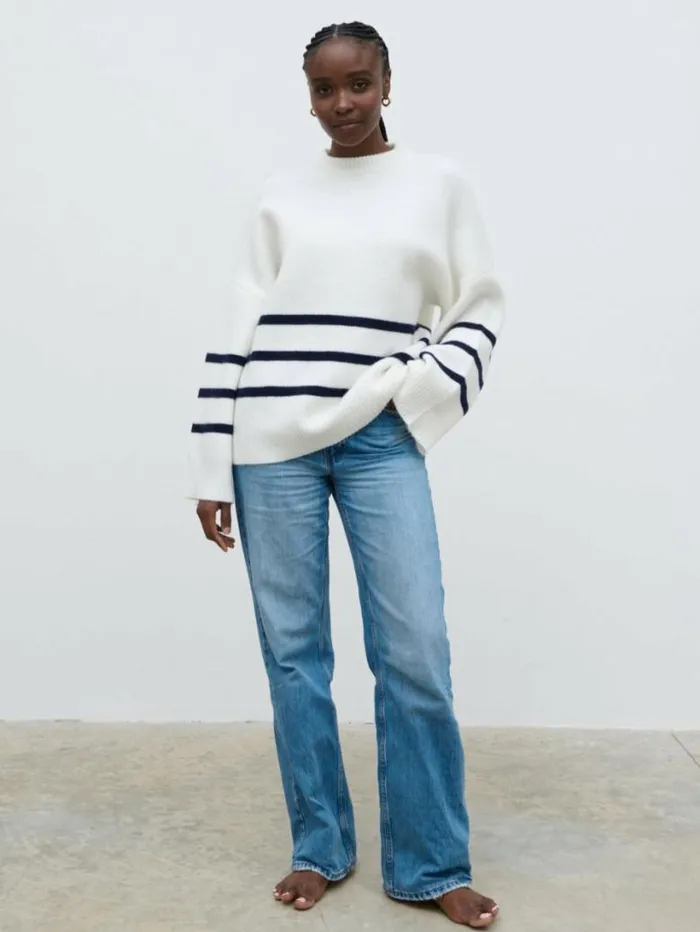 Pretty Lavish Knitwear Women Miller Stripe Knit Jumper Cream And Navy Stripe