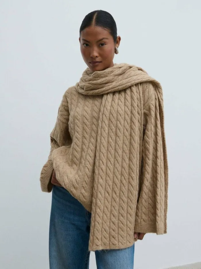 Pretty Lavish Knitwear Women Palmer Cable Knit Jumper With Scarf Light Brown