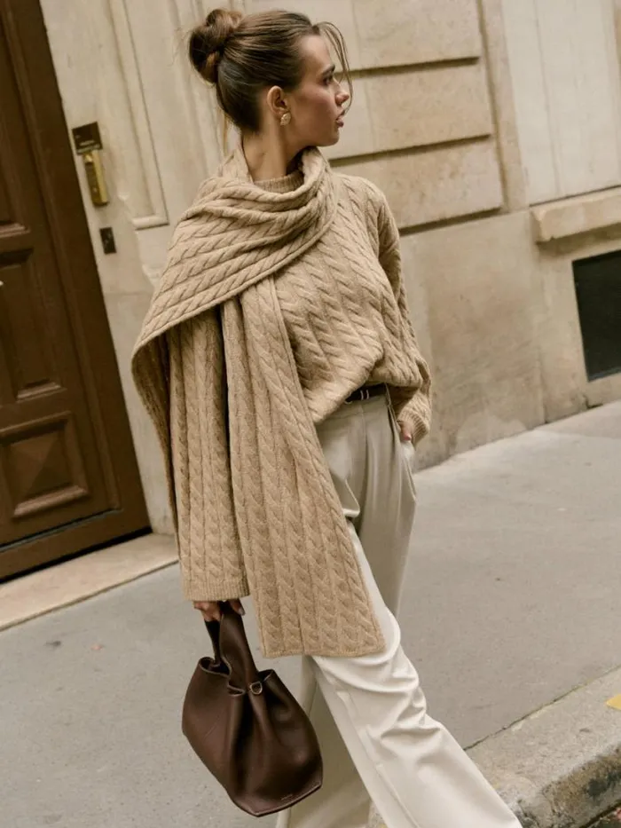 Pretty Lavish Knitwear Women Palmer Cable Knit Jumper With Scarf Light Brown