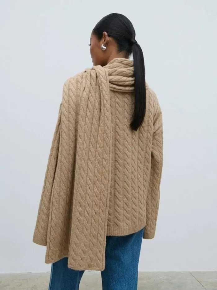 Pretty Lavish Knitwear Women Palmer Cable Knit Jumper With Scarf Light Brown