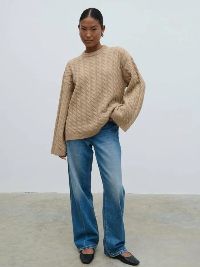 Pretty Lavish Knitwear Women Palmer Cable Knit Jumper With Scarf Light Brown