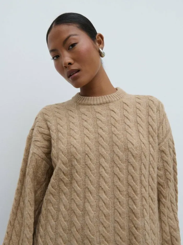 Pretty Lavish Knitwear Women Palmer Cable Knit Jumper With Scarf Light Brown