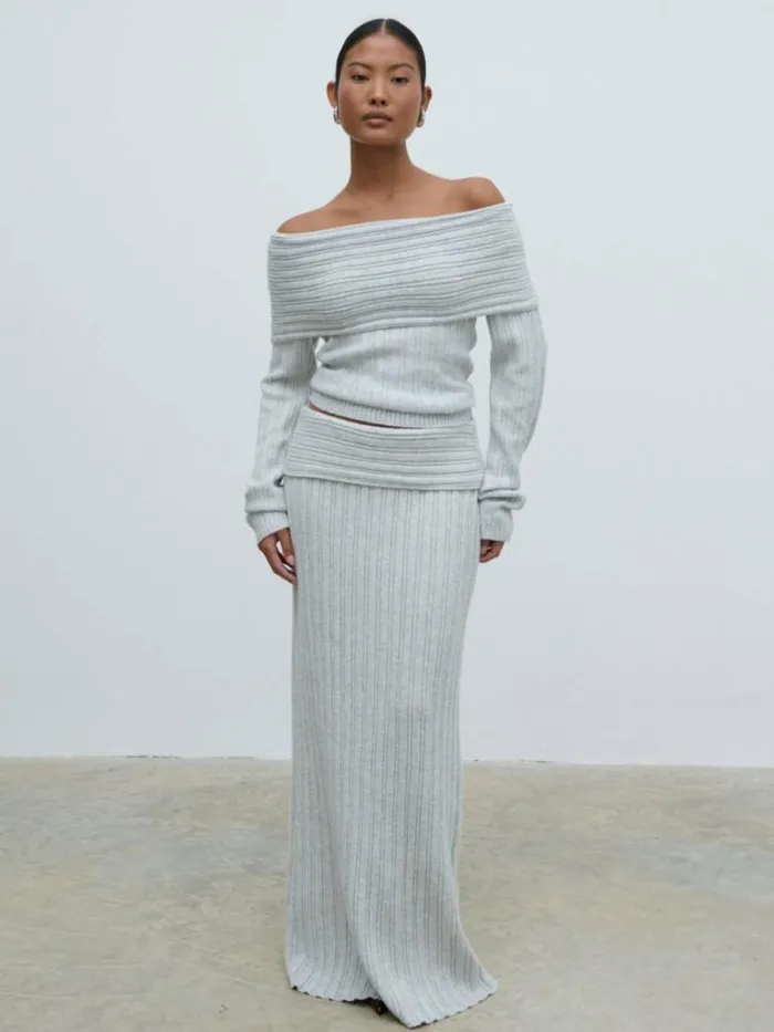Pretty Lavish Knitwear Women Petra Bardot Cosy Rib Knit Jumper Grey