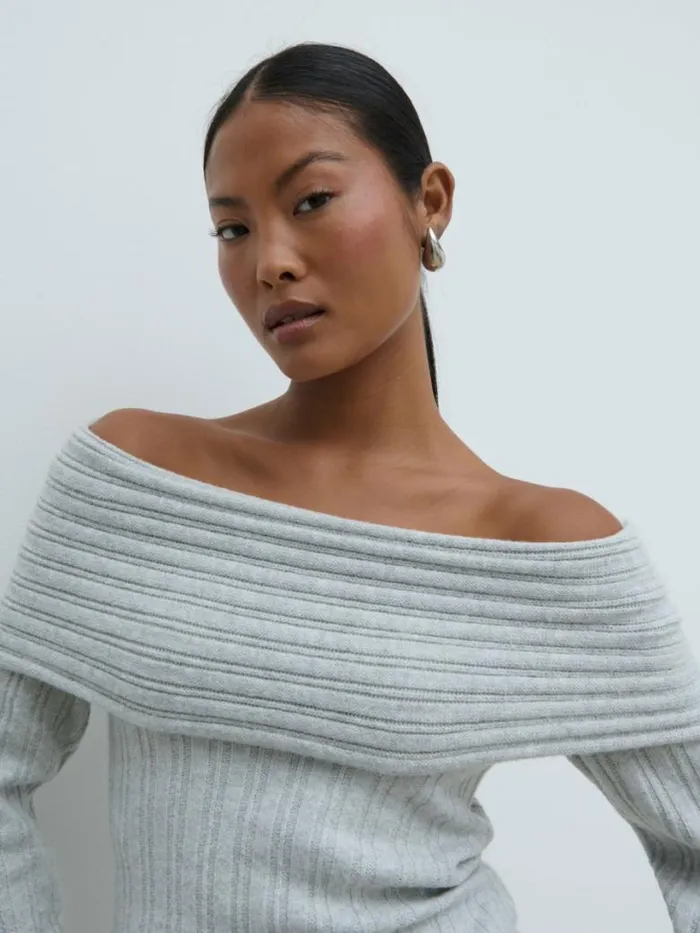 Pretty Lavish Knitwear Women Petra Bardot Cosy Rib Knit Jumper Grey