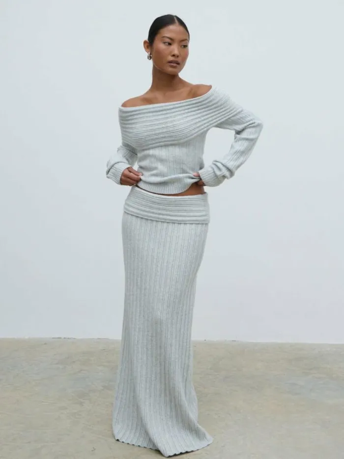 Pretty Lavish Knitwear Women Petra Bardot Cosy Rib Knit Jumper Grey