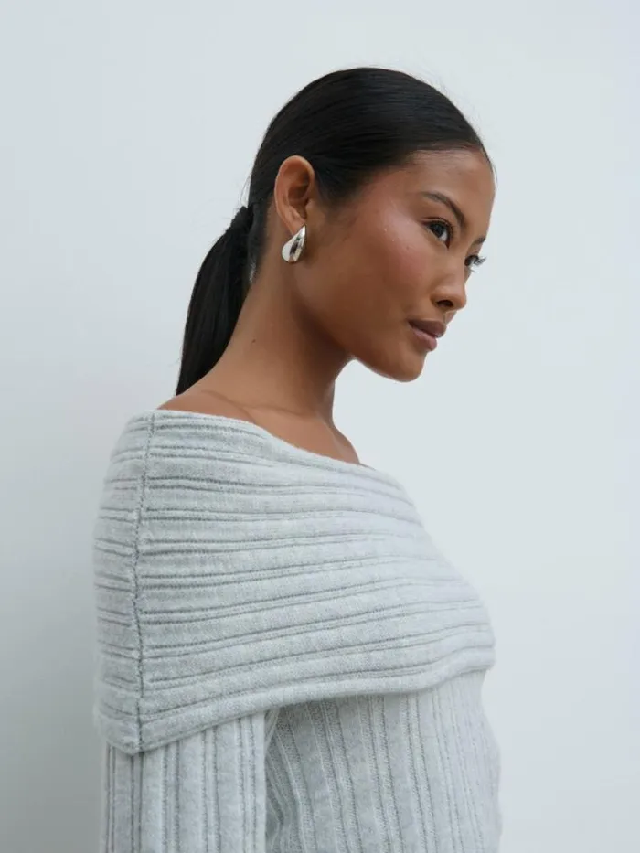 Pretty Lavish Knitwear Women Petra Bardot Cosy Rib Knit Jumper Grey