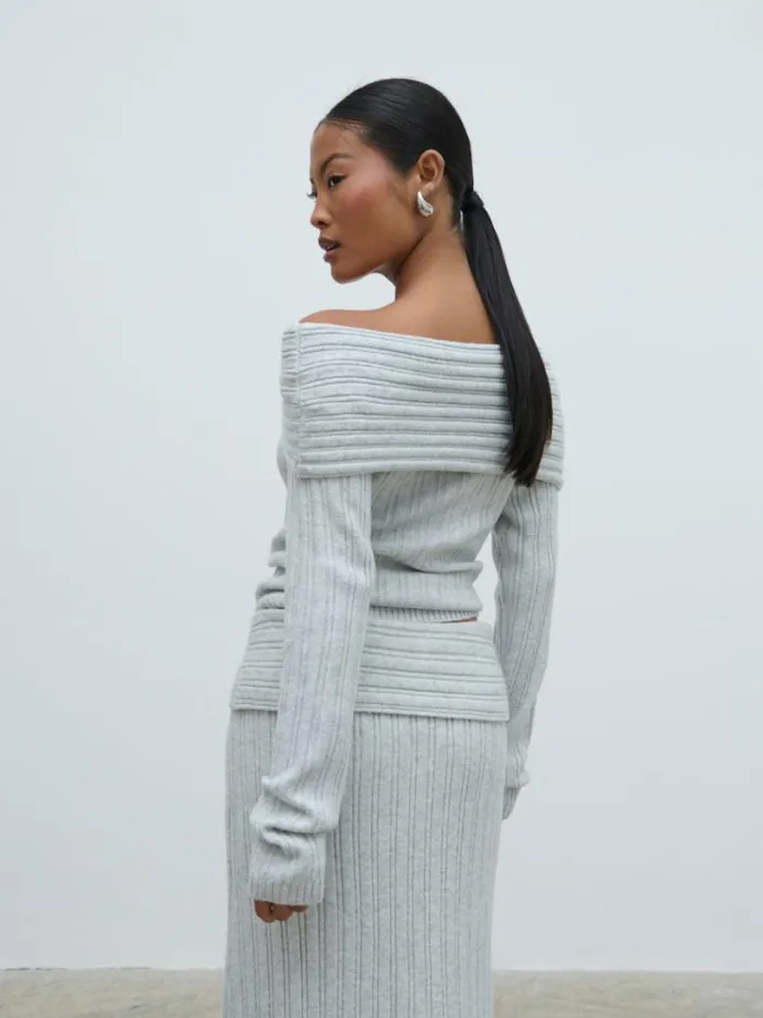 Pretty Lavish Knitwear Women Petra Bardot Cosy Rib Knit Jumper Grey