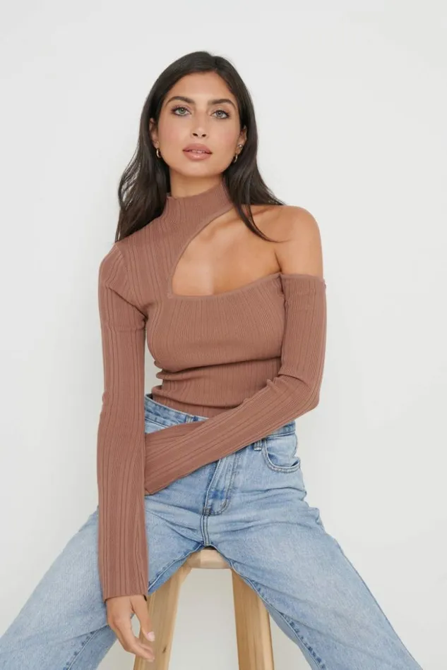 Pretty Lavish Knitwear Women Presley High Neck Cut Out Knit Top Brown