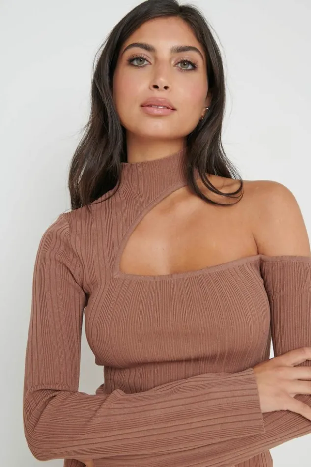 Pretty Lavish Knitwear Women Presley High Neck Cut Out Knit Top Brown