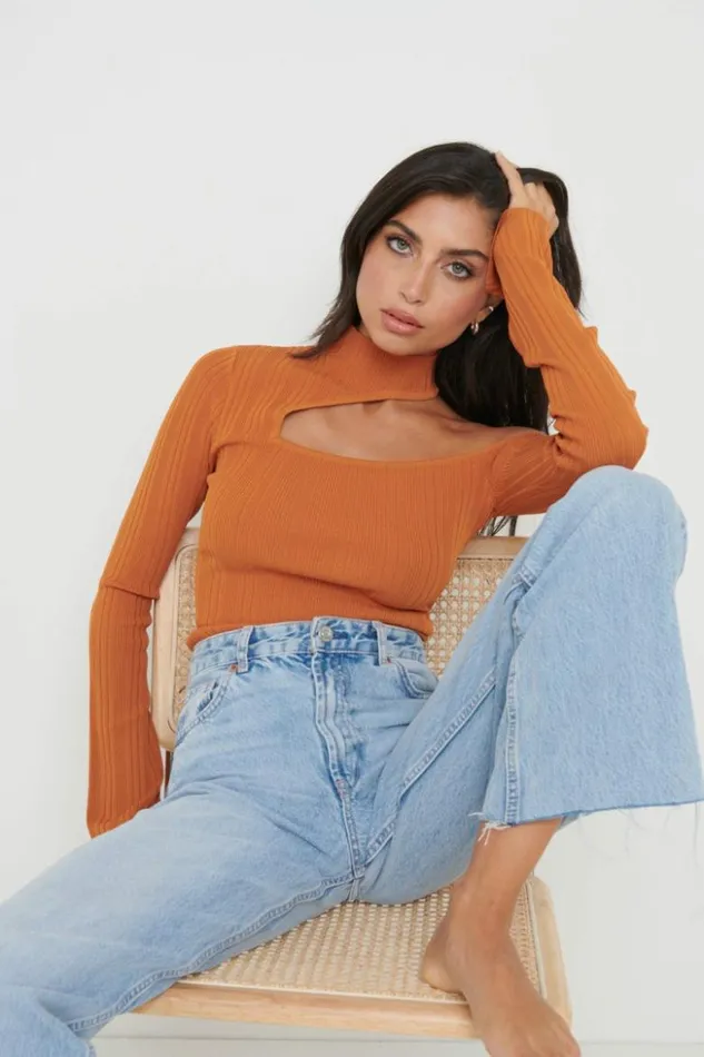 Pretty Lavish Knitwear Women Presley High Neck Cut Out Knit Top Orange