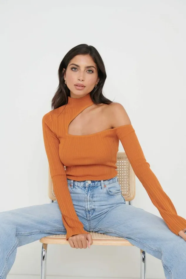 Pretty Lavish Knitwear Women Presley High Neck Cut Out Knit Top Orange