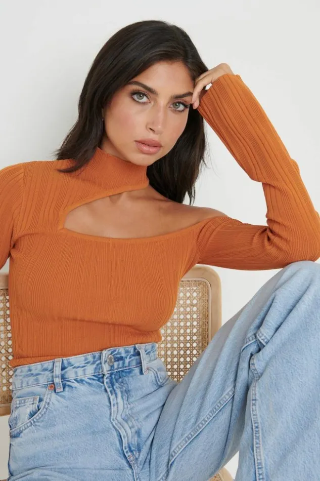 Pretty Lavish Knitwear Women Presley High Neck Cut Out Knit Top Orange