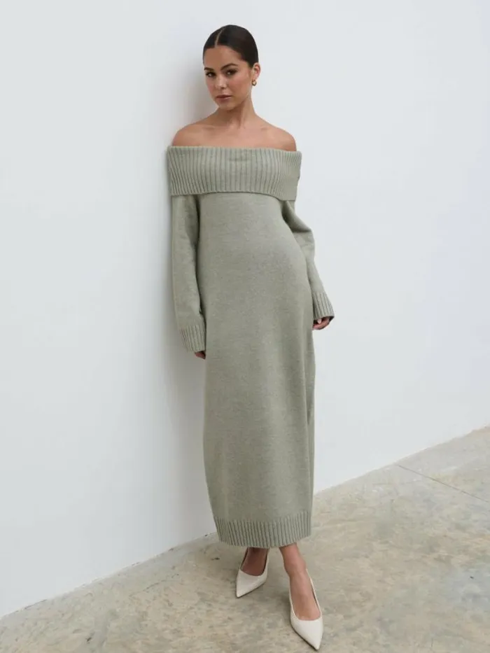 Pretty Lavish Knitwear Women Renee Chunky Knit Midaxi Dress Sage