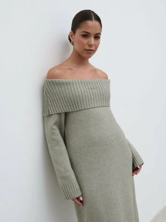 Pretty Lavish Knitwear Women Renee Chunky Knit Midaxi Dress Sage