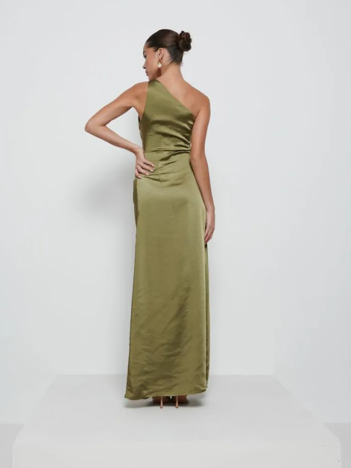 Pretty Lavish Satin Bridesmaid Dresses Women Amelia Ruched Maxi Bridesmaid Dress Dark Olive