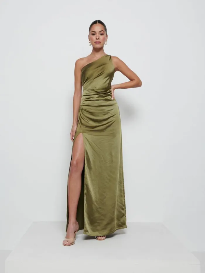 Pretty Lavish Satin Bridesmaid Dresses Women Amelia Ruched Maxi Bridesmaid Dress Dark Olive