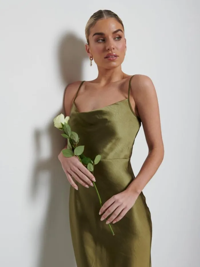 Pretty Lavish Satin Bridesmaid Dresses Women Keisha Maxi Bridesmaid Dress Dark Olive