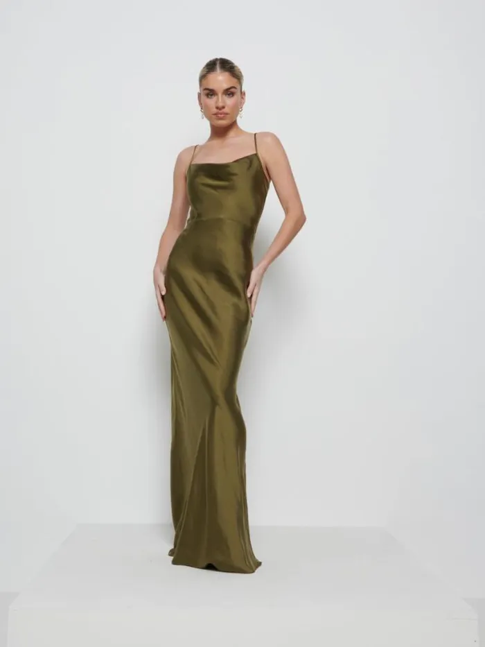 Pretty Lavish Satin Bridesmaid Dresses Women Keisha Maxi Bridesmaid Dress Dark Olive