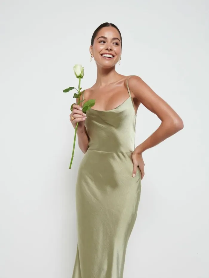 Pretty Lavish Satin Bridesmaid Dresses Women Keisha Maxi Bridesmaid Dress Olive