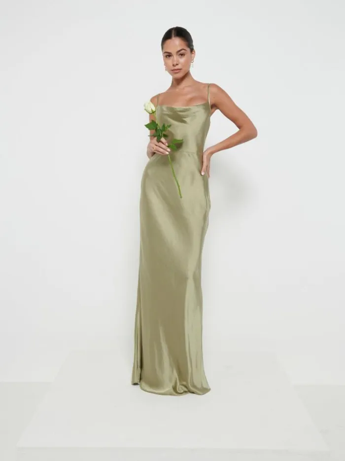 Pretty Lavish Satin Bridesmaid Dresses Women Keisha Maxi Bridesmaid Dress Olive