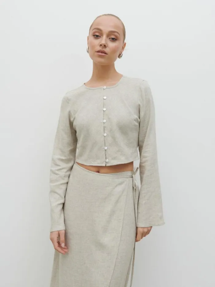 Pretty Lavish Tops Women Abigail Button Front Linen Blouse Beige