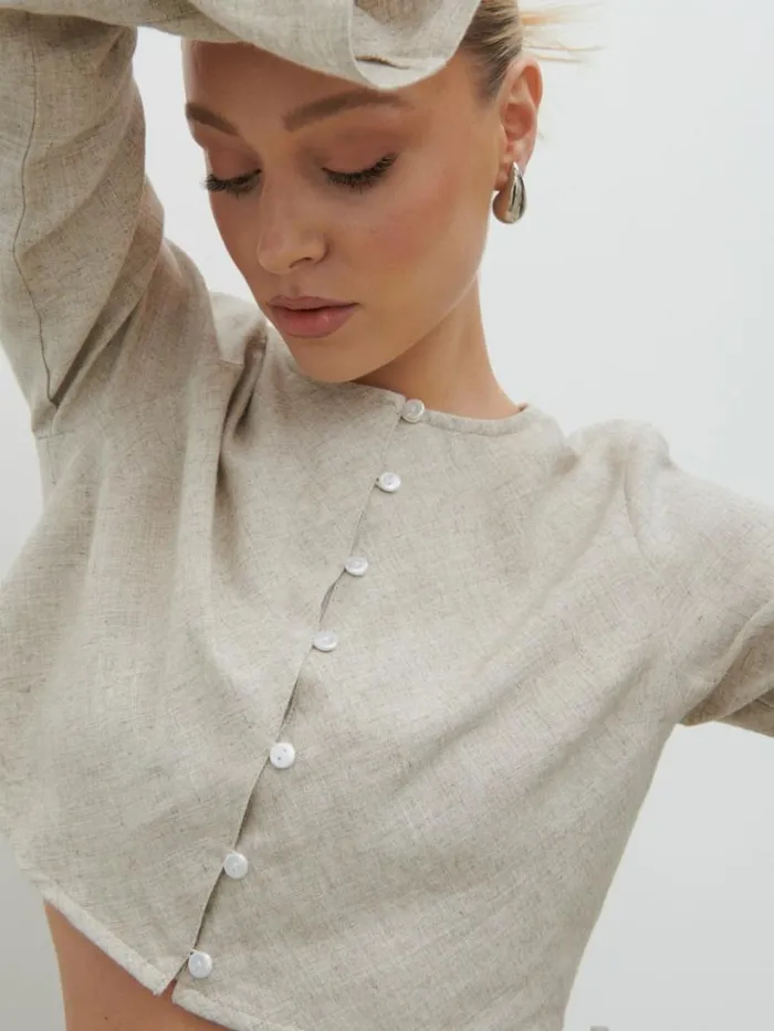 Pretty Lavish Tops Women Abigail Button Front Linen Blouse Beige