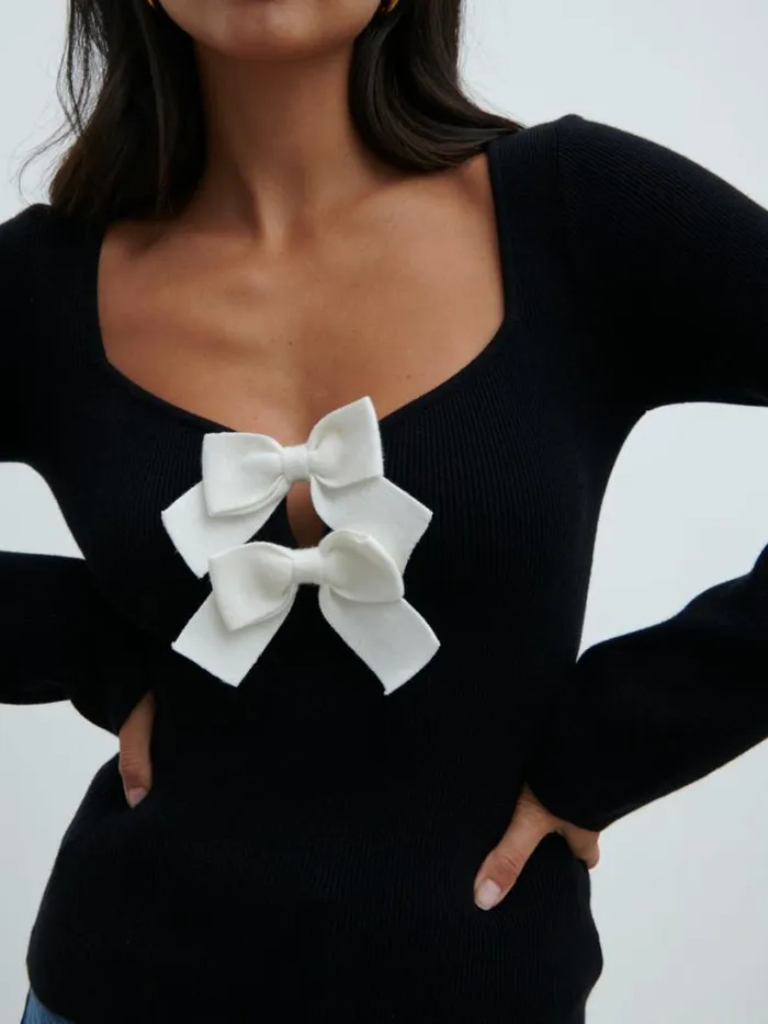 Pretty Lavish Tops Women Annabeth Bow Knit Top Black