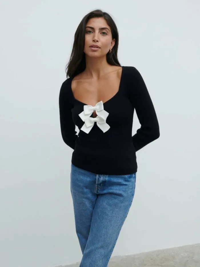 Pretty Lavish Tops Women Annabeth Bow Knit Top Black
