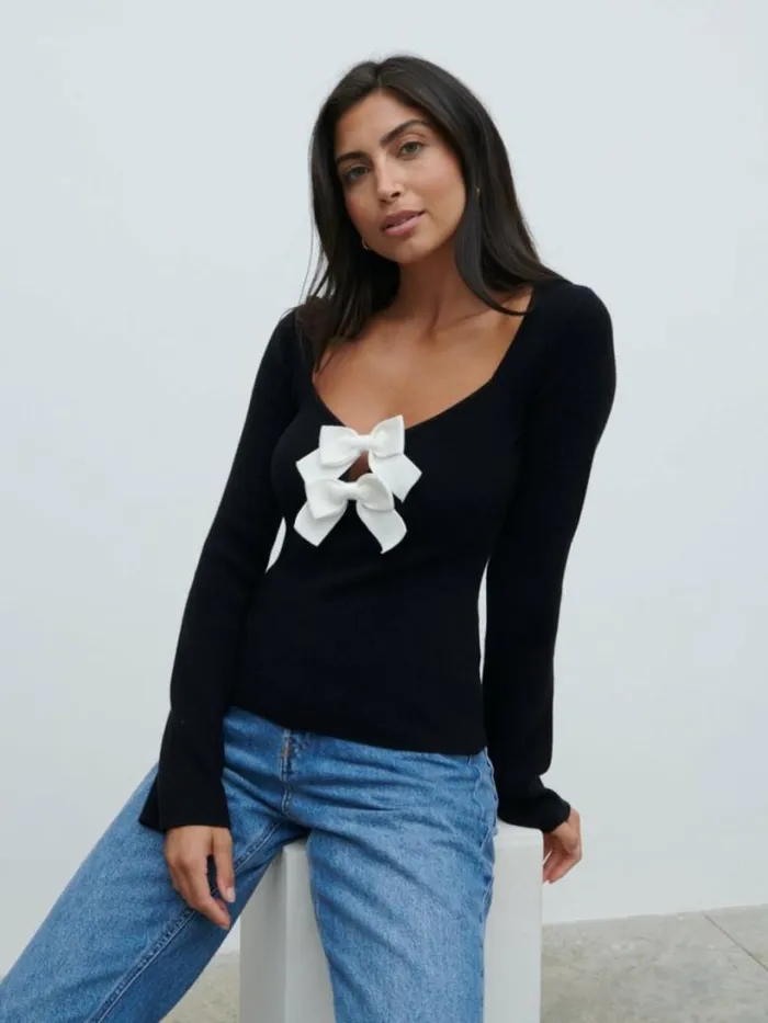 Pretty Lavish Tops Women Annabeth Bow Knit Top Black