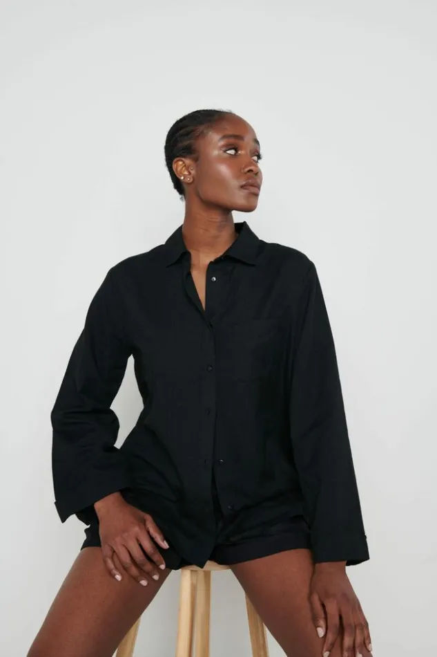 Pretty Lavish Tops Women Belle Boxy Linen Shirt Black