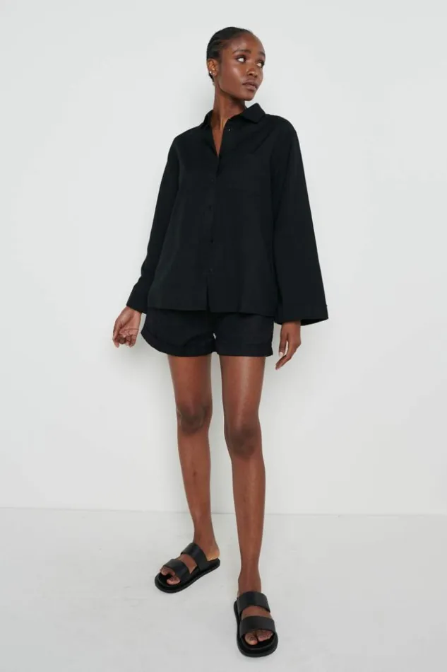 Pretty Lavish Tops Women Belle Boxy Linen Shirt Black