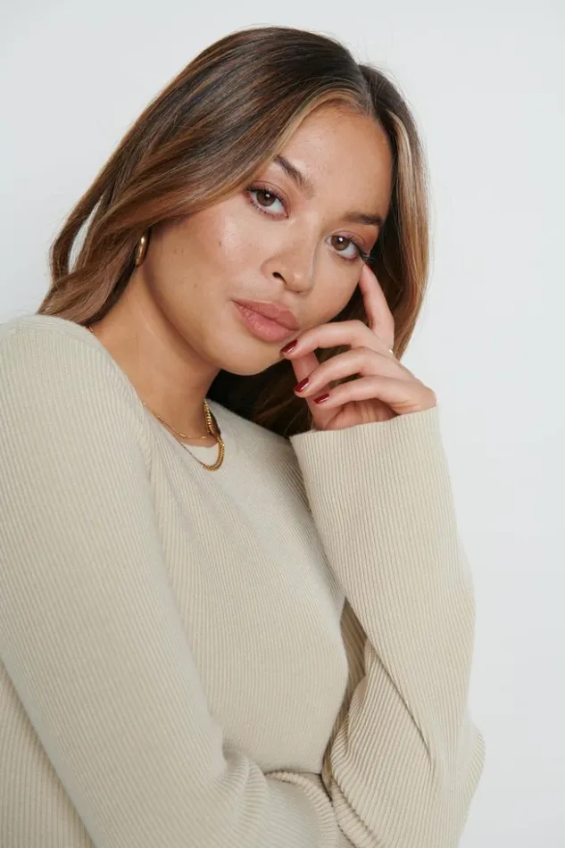 Pretty Lavish Tops Women Jayla Long Sleeve Knit Top Beige