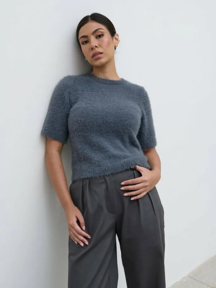 Pretty Lavish Tops Women Kelly Cropped Fluffy Knit TShirt Grey