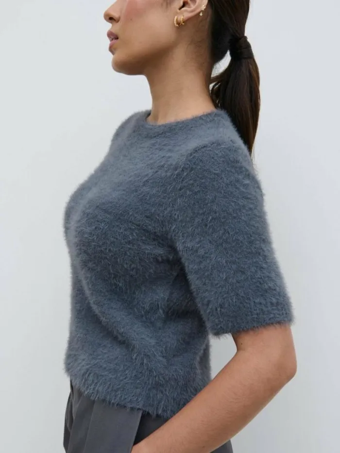 Pretty Lavish Tops Women Kelly Cropped Fluffy Knit TShirt Grey