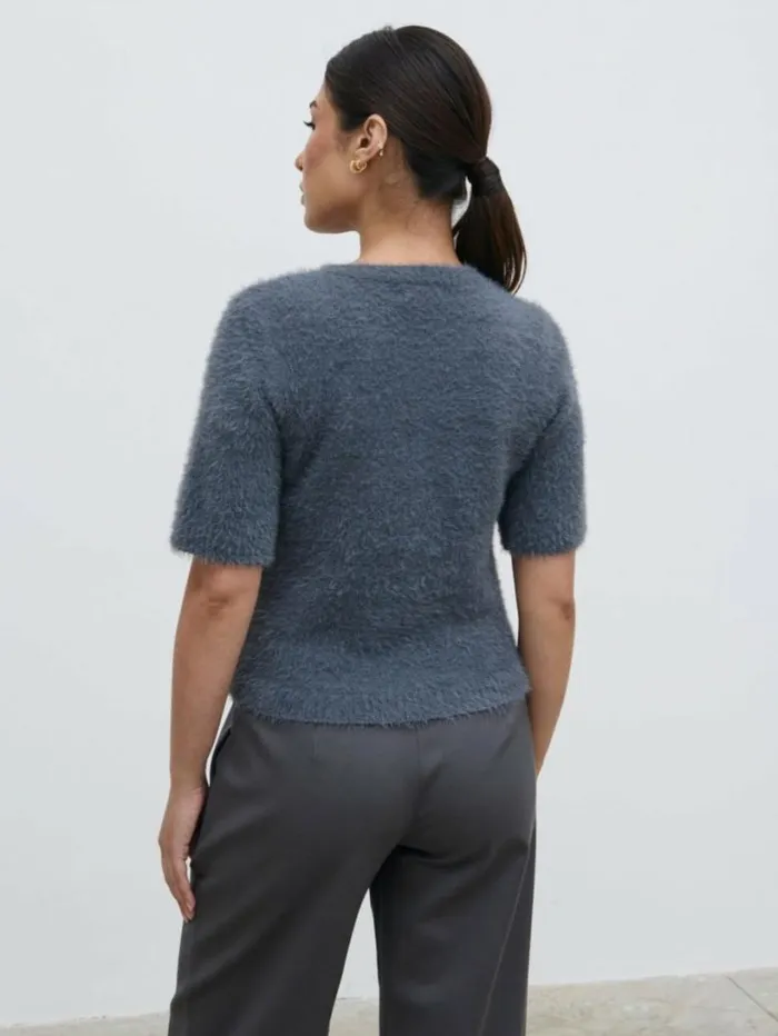Pretty Lavish Tops Women Kelly Cropped Fluffy Knit TShirt Grey