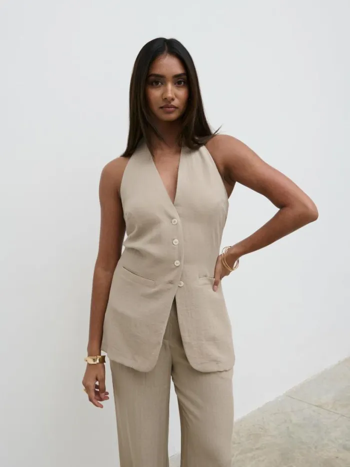 Pretty Lavish Tops Women Remy Halterneck Waistcoat Beige