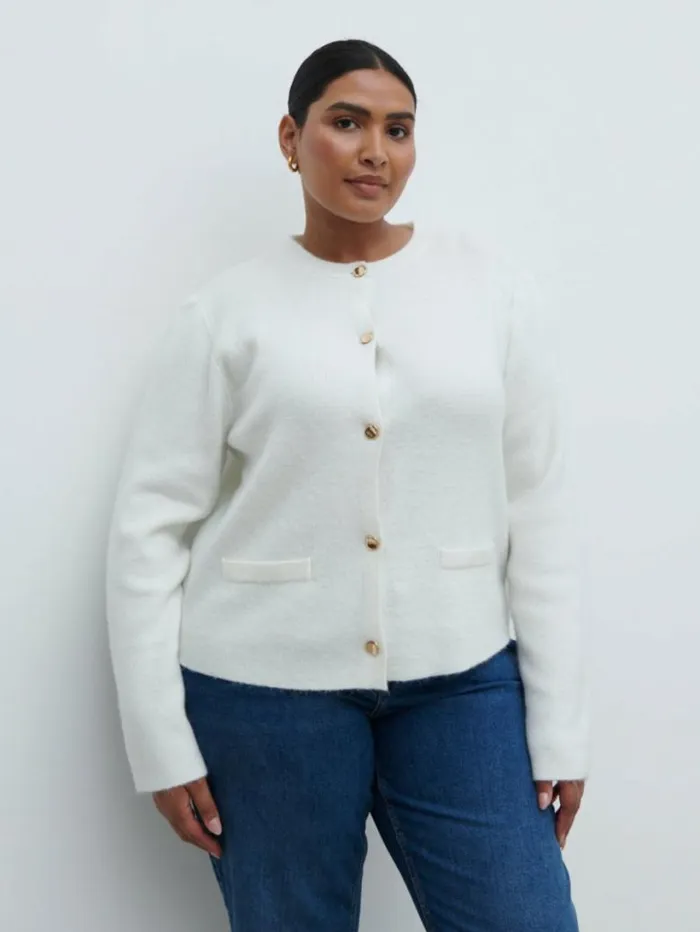 Pretty Lavish Tops Women Sabrina Gold Button Knit Cardigan Curve Cream