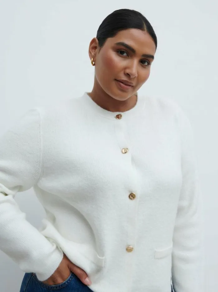 Pretty Lavish Tops Women Sabrina Gold Button Knit Cardigan Curve Cream
